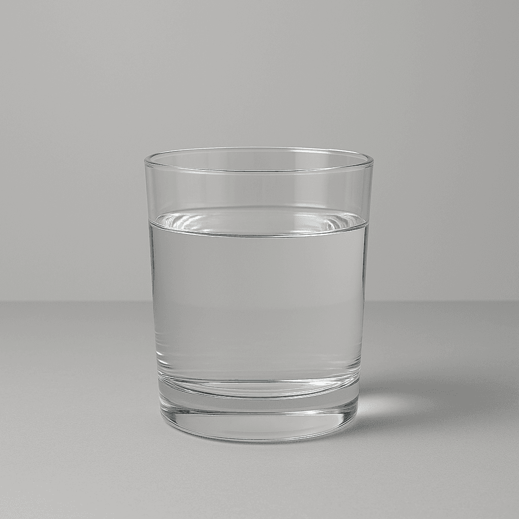 A simple, clear glass of water on a neutral background, representing the mundane world.